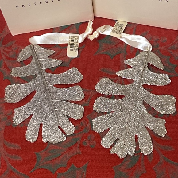 Pottery Barn Silver Flat Oak Leaf Ornament Set of 2 With 2 Boxes Gift Set - Picture 3 of 5